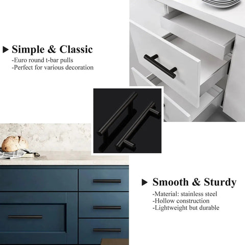 12 Pack Black Kitchen Cabinet Pulls 3 Inch Center To Center 5 Inch Total Length Modern T Bar Handles installed on drawers