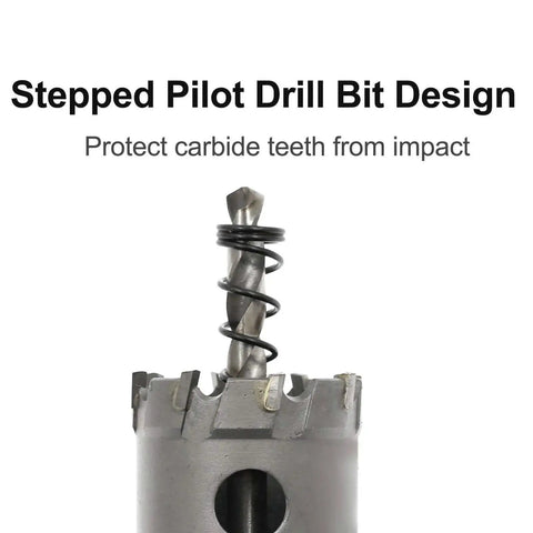 Close-up of Carbide Tipped Hole Saw Cutter One And Three Eighths Inch 35mm showing pilot drill bit design with protective teeth.