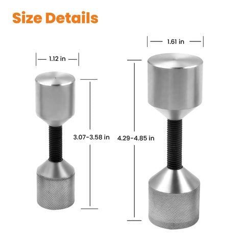 4 Piece Stainless Steel Flange Two Hole Alignment Pins Set In 1-1/8 Inch And 1-5/8 Inch Diameters With Size Details