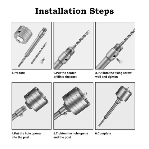 Step-by-step installation guide for Heavy Duty Concrete Hole Saw Kit With 4.125 Inch Tungsten Steel Wall Cutter for masonry work.