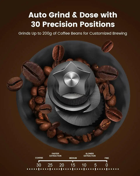 Close-up of 20 Bar Espresso Machine With Built-In Anti-Clog Grinder, showing grinding mechanism and coffee beans.