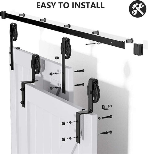 Hard Wearing Sliding Barn Door Track Hardware Kit For Tight Spaces Black Powder Coated 6mm Carbon Steel With Ultra Quiet Rollers And Bypass Option, Library Ladder Style, Fits Single Or Double Wooden Doors In Low Ceiling Areas installation.