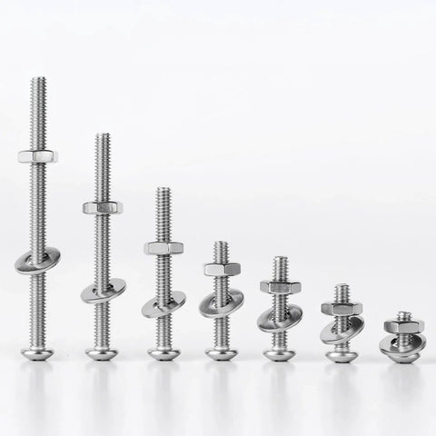 Various sizes of 10-32 pan head machine screws with nuts and washers from the 304 stainless steel full thread assortment kit