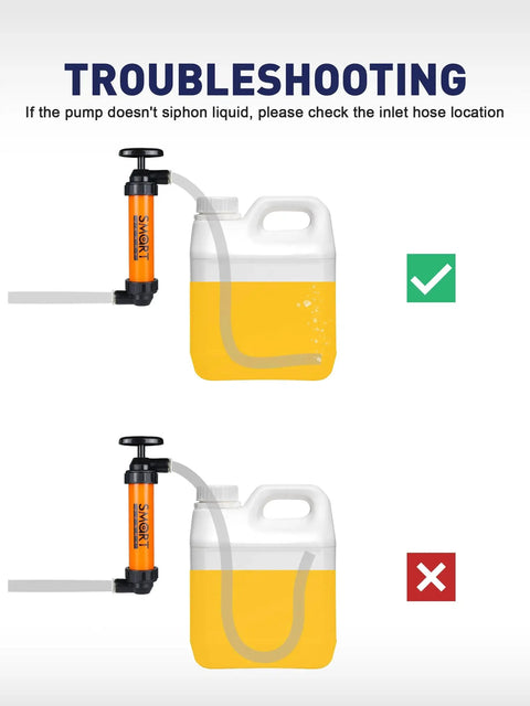Troubleshooting guide for Manual Gasoline Transfer Siphon Pump With Shark Bite Connection with correct and incorrect setups.