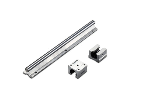SBR20 350mm Linear Guide Rail With Two SBR20UU Preloaded Blocks for CNC Rigs and 3D Printers, shown with rail and blocks in view.