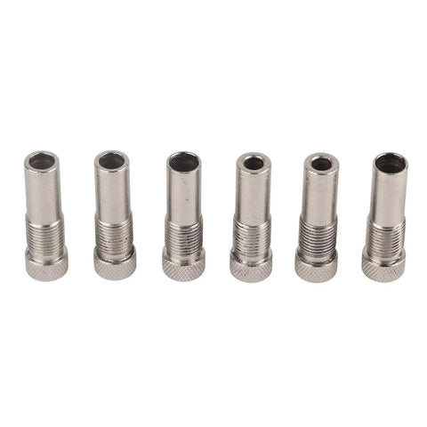 Set of six aluminum alloy guide bushings for self centering doweling jig shown in various sizes for woodworking joints.