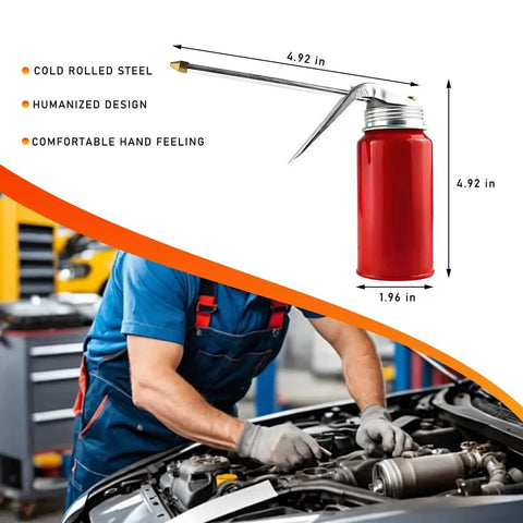 Two Pack Oil Pump Oiler 200ml Metal Spray Can With 4.92 Inch Spout For Precise Lubrication Of Bearings And Gears, shown alongside mechanic working on car engine