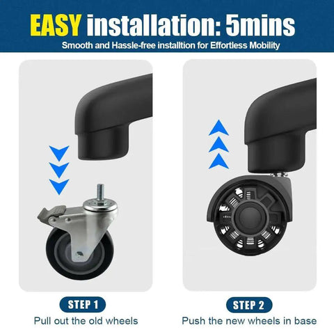 Installation of Heavy Duty Silent Office Chair Wheels Casters for Hardwood Floors and Carpet with standard stem size.