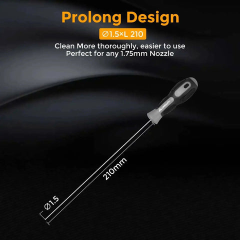 1.5mm Clog Poke Nozzle Cleaning Kit For 3D Printers, 210mm Precision Needle; tool shown with dimensions and ergonomic handle