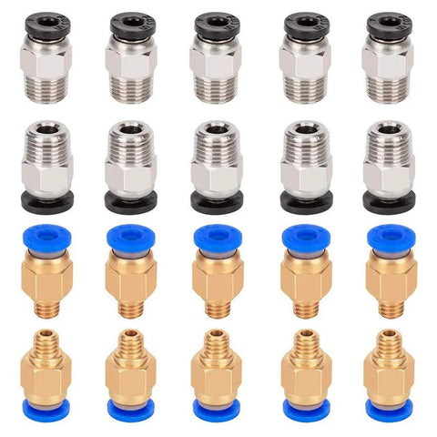 20pcs PC4-M6/M10 pneumatic fittings set for 3D printer Bowden extruder; silver and brass with blue seals.