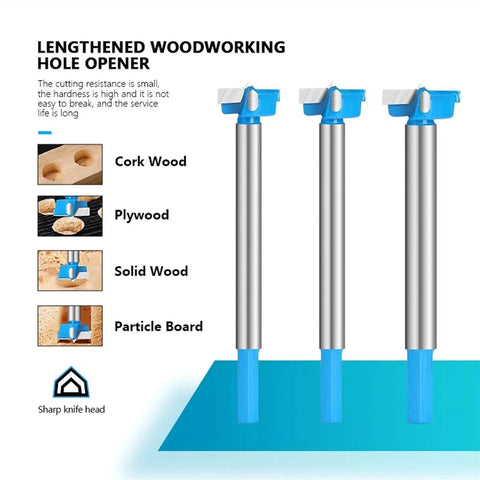 Lengthened Hex Shank Carbide Tipped Drill Bit For Wood 16-35mm Hinged Bore Hole Saw Cutter 1Pcs Heavy Duty Pro Grade Wood Drilling Tool With Smooth Cuts And Quick Chip Removal For Clean Holes shown in display with cork, plywood, solid wood, and particle board capabilities.