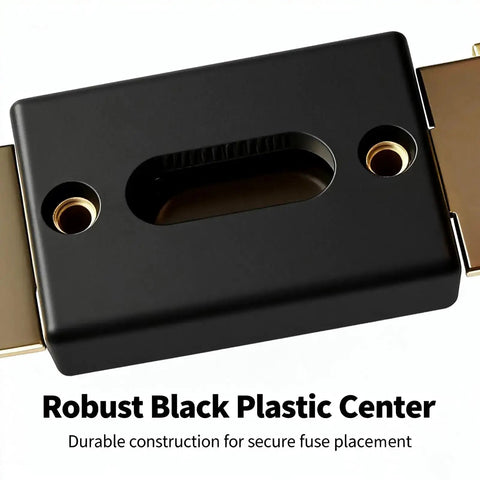 Close-up of Inline ANL Fuse Holder Kit For 0 2 4 Gauge Wire With Dual 150 Amp Fuses, black plastic center, durable construction.