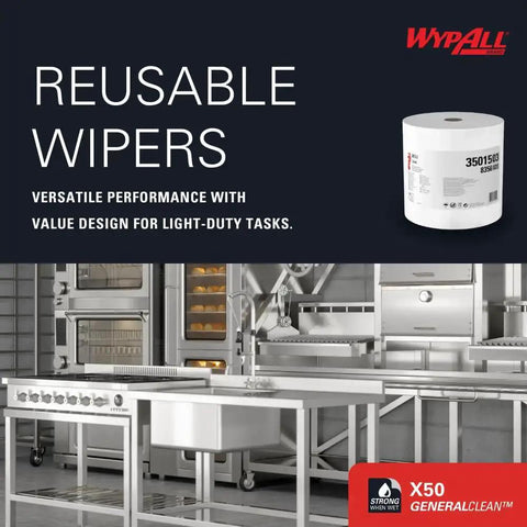 GeneralClean X50 Cleaning Cloths Jumbo Roll 1100 Sheets White Heavy Duty Wipes For Quick Cleanups in a commercial kitchen setting.