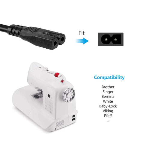 Sewing machine power cord, 10 ft, black with two-pin female end; compatible with major brands.