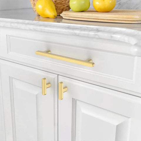 Gold Cabinet Pulls 5 Inch Center To Center 6.4 Inch Overall Length Brushed Gold Drawer Hardware installed on white cabinets