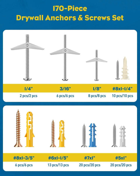 Self Drilling Drywall Anchors Kit 170 Pieces Heavy Duty Wall Anchors For Drywall And Hollow Walls Includes Toggle Bolts Carbon Steel And Plastic Anchors And Screws For Secure Hanging In Home And Office Use, displayed with size and material variety on blue background.