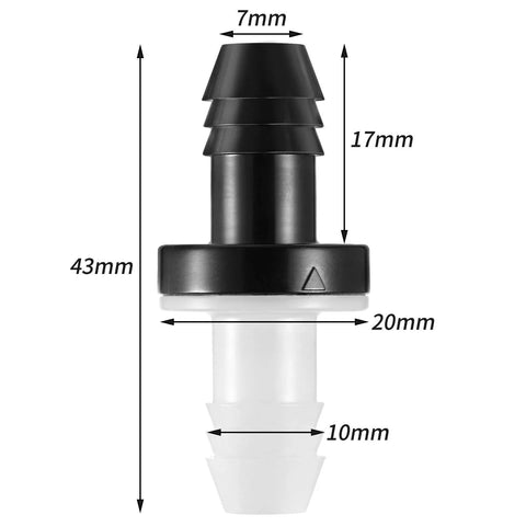 Inline check valve, 6-piece ABS plug-in set, 3/8 in (10 mm) size, black top with white connector.
