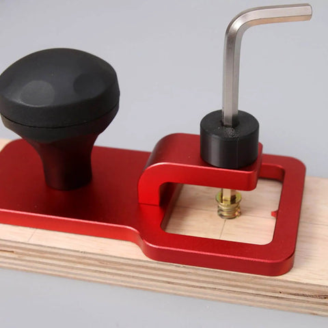 Close-up of Pro Grade Vertical Hole Drilling Jig For Woodworking Projects With Boss Level Precision, Aluminum Body And Stainless Steel Components.
