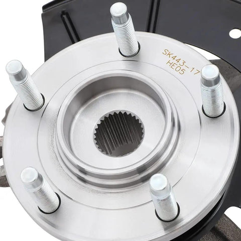 Close-up view of front left wheel hub bearing and steering knuckle assembly, silver metal with bolt-on design, part number 698405.