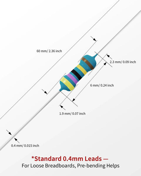 Close-up view of blue metal-film resistor with multicolor bands and through-hole leads.