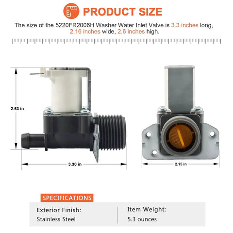 Washer water inlet valve for hot water, black plastic body with white actuator and metal mounting bracket; orange filter