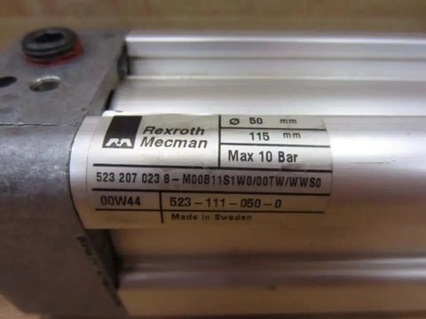 Label on Bosch Rexroth Double Acting Cylinder 523-111-050-0 with Max 10 Bar specification visible, showing model and pressure details.