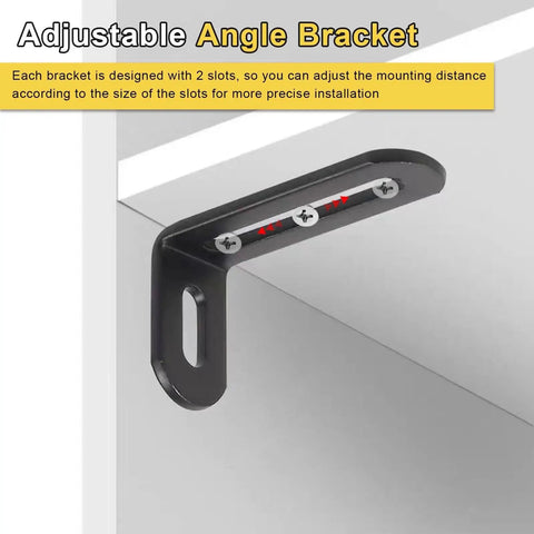 Heavy Duty 10 Pack L Brackets For Shelves 2 By 1 By 0.5 Inch Slotted Corner Braces Black 90 Degree Right Angle Supports For Wood Cabinets And Furniture Rust Resistant Iron With Heat Treated Screws mounted under a shelf.