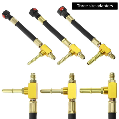 Universal Fuel Pressure Test Kit With Dual Gauge 0 To 7 Bar 0 To 100 PSI showing three brass size adapters and hoses.