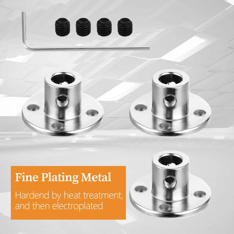 Set of four 6mm rigid flange shaft couplers, chrome-plated with mounting holes and set screws; includes hex wrench
