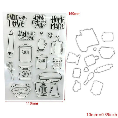 Silicone Clear Stamp And Die Set For Card Making And Diy Embossing Projects with kitchen-themed designs including rolling pin and mixer