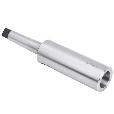 Side view of silver MT3-MT4 Morse taper reducing drill sleeve adapter for lathe milling
