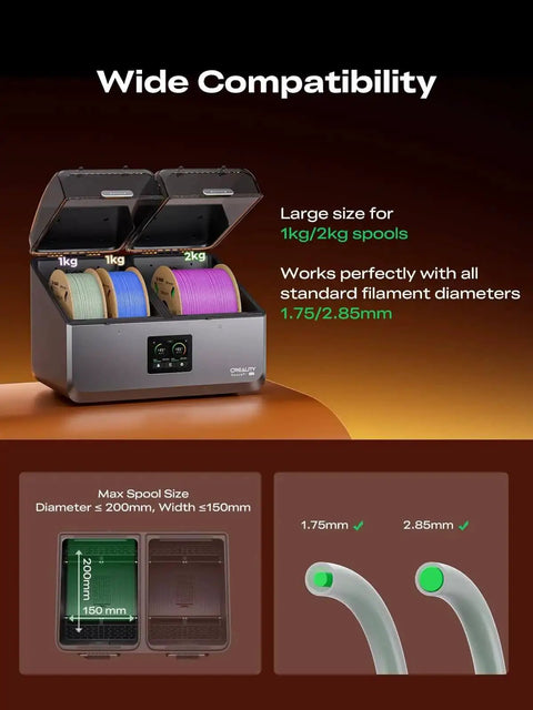 SpacePi X4 Filament Dryer Box For Four Spools, showing 1kg/2kg spool capacity and filament compatibility, front view