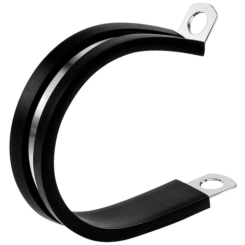 Cable clamp, 1-1/4 inch, stainless steel with rubber-coated cushion, curved U-shape with mounting tabs
