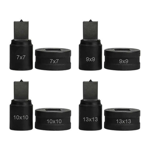 Set of square punch dies 7x7mm to 13x13mm for hydraulic press, including 9x9mm and 10x10mm sizes, durable for sheet metal fabrication projects.