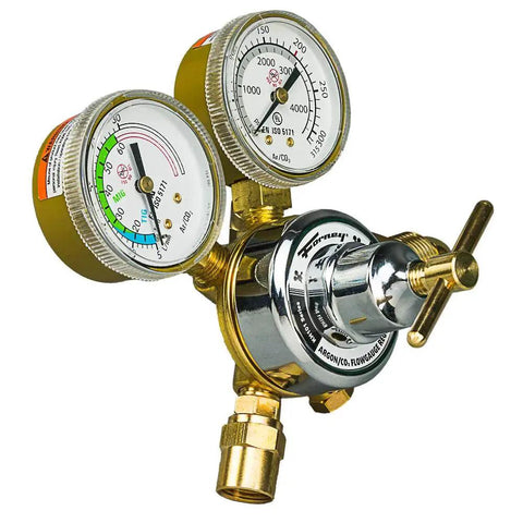 Argon CO2 Regulator Kit For Mig Welder 5/32 Inch with dual scale gauge, featuring brass body and durable construction, Forney 85363