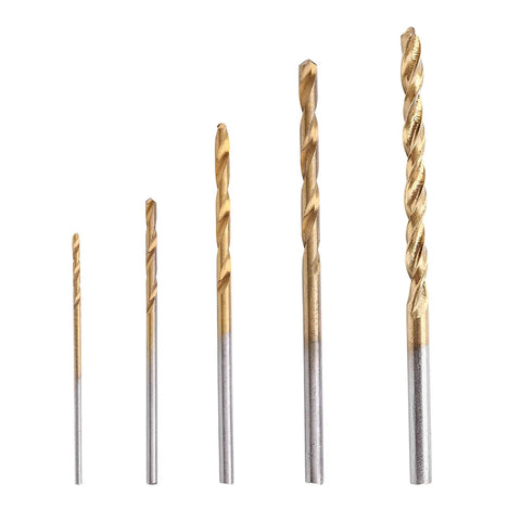 Five drill bits from 50 Piece High Speed Steel Twist Drill Bit Set With Straight Shank For Metal Wood Plastic DIY Drilling Projects.