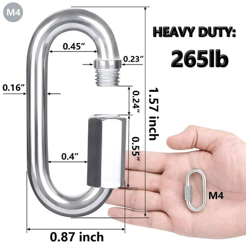 Diagram of 304 Stainless Steel Quick Link D Shape Locking Carabiner Heavy Duty Repair Link for outdoor gear with dimensions and M4 size shown.