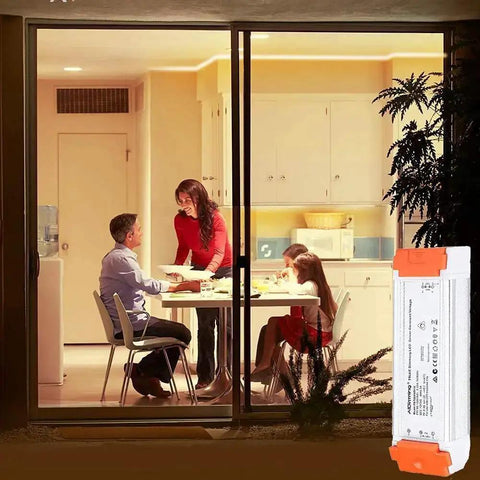 Dimmable LED Driver 12V DC 60W Quiet Operation Universal Regulated Power Supply next to a family dining in a well-lit room.