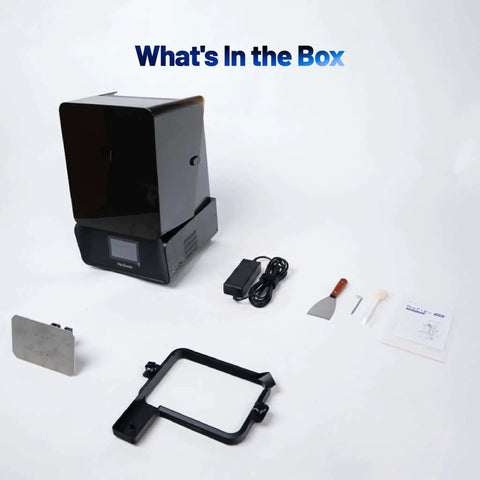 RS Resin 3D Printer With Beefy 8.74 By 4.8 By 8.98 Inch Build Volume shown with included accessories