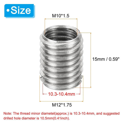 PATIKIL thread adapter sleeve converting M12*1.75 male to M10*1.5 female, stainless steel, 15mm length.