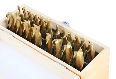 Pro Grade TiN Coated HSS End Mill Set 20 Piece Inch Sizes Three Sixteenths to Three Quarters in open wood case