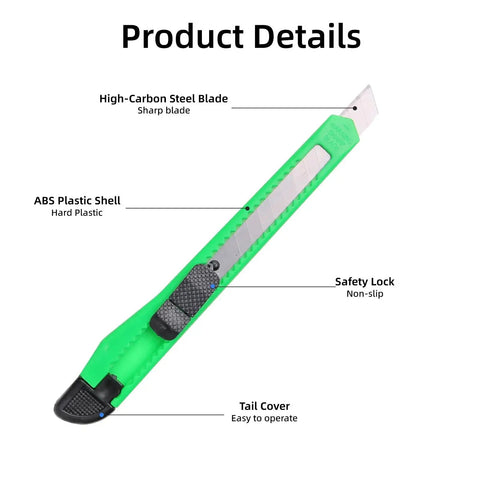 Green retractable box cutter with ABS plastic shell, high-carbon steel blade, safety lock, part of 4 Pack Retractable Box Cutters Knife Set for Cardboard and Paper
