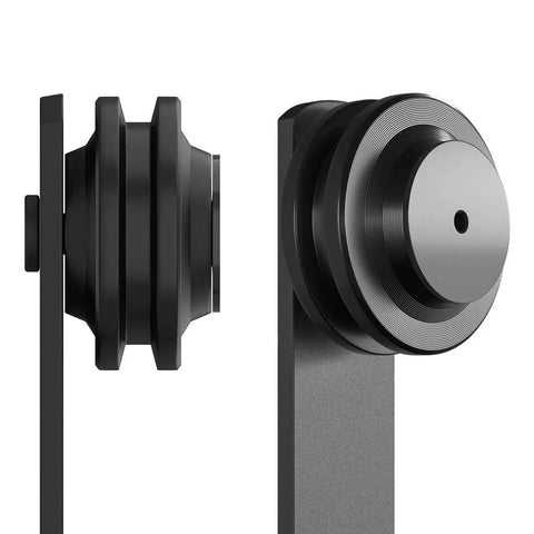 Sliding Barn Door Hangers I Shape Black 2 Pack For 170 Lb Doors Heavy Duty Fits 1 3 8 Inch To 1 3 4 Inch Panels Solid Steel Construction With POM Wheels Includes 2 Hangers 4 Long Screws End Caps Floor Guide