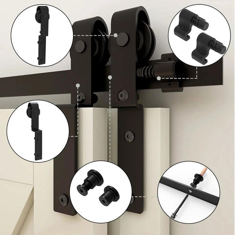 Sliding Barn Door Hardware Kit For Double Wooden Doors, 6FT Single Track System showing carbon steel J shape hangers and components.