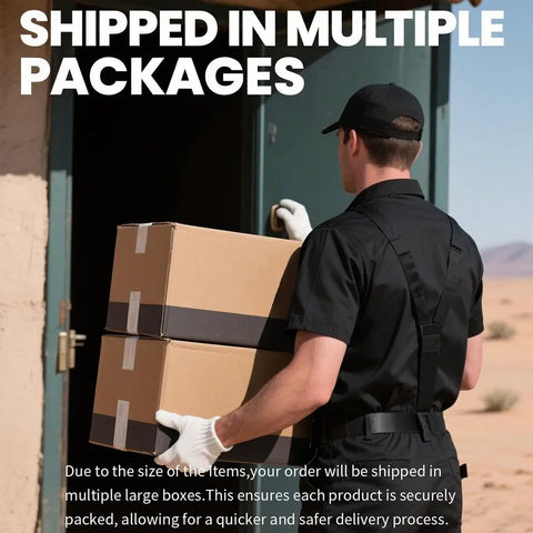 Delivery person carrying multiple packages labeled 'Shipped In Multiple Packages' near a building entrance.