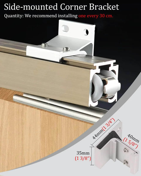 Side-mounted corner bracket with rollers visible for Heavy Duty Sliding Door Track Kit With Side Mounted Hardware For Barn Style Doors Soft Close Ready And Easy Install Commercial Grade Aluminum U Channel Rail Fits Doors 30 to 50 mm Thick Silver 90 cm 35.4 Inches 2.9 Feet.
