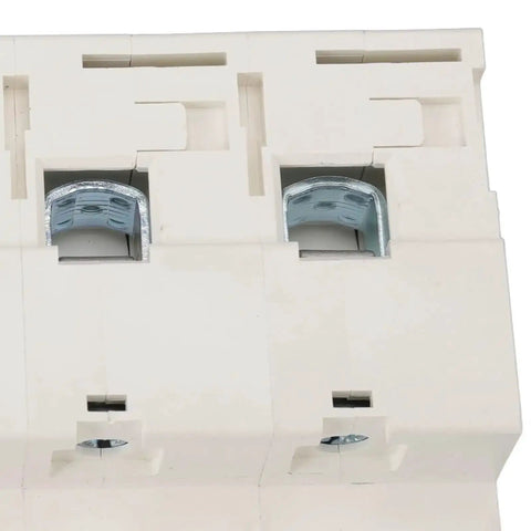 Close-up of a 3 Pole DIN Rail Mount Circuit Breaker 100A 400V with Automatic Shutdown and Rapid Arc Extinction for Home Marine and Solar.