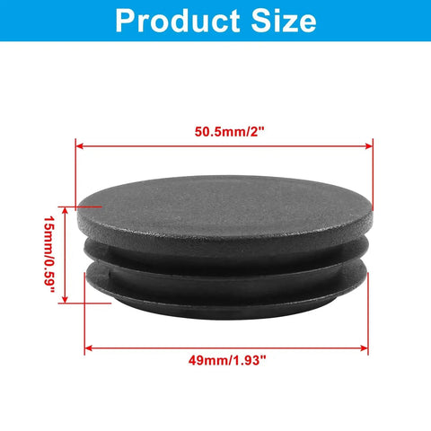 Close-up of a 4 Pack 2 Inch Round Plastic Hole Plugs Black End Caps for Round Pipe Tubes with measurement details.
