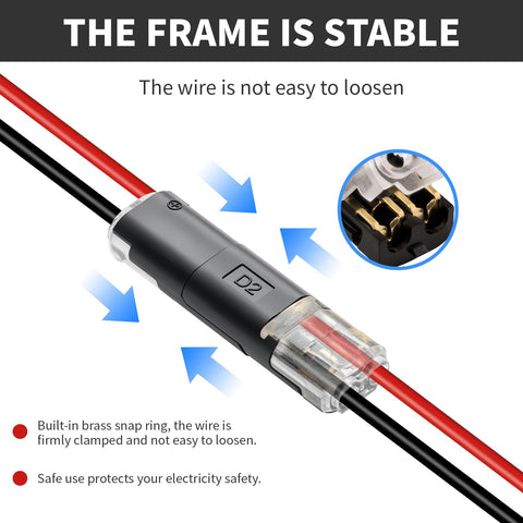 2-pin quick-splice wire connector with black plastic housing and red/black leads for low-voltage wiring