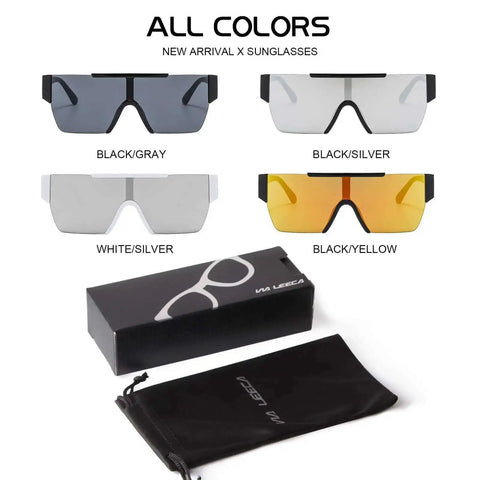 Square Flat Top Rimless Sunglasses For Men And Women Oversized UV400 Protection White Frame With Silver Mirrored Lenses shown in four colors.